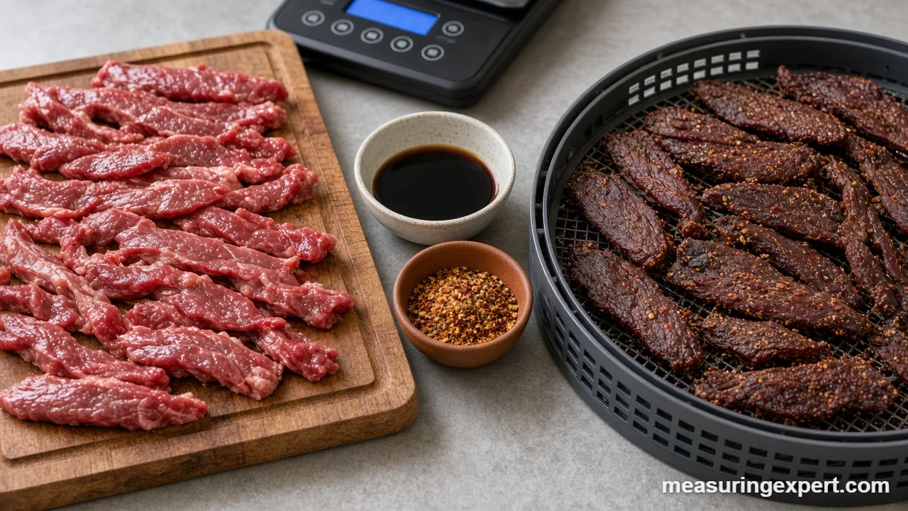 Dried jerky strips on a dehydrator tray after you measure ingredients for jerky