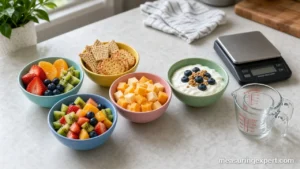 Bowls of fruit and crackers portioned for kid-friendly snacks