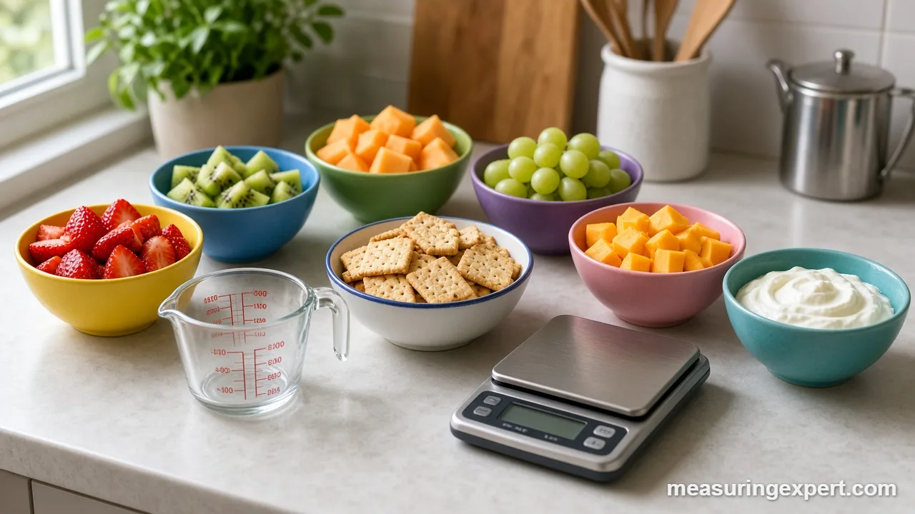 Measuring cups and a kitchen scale used for kid-friendly snacks