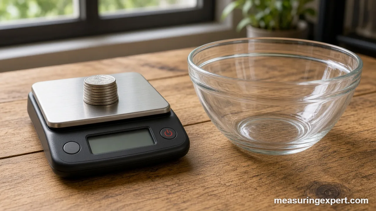 Kitchen scale accuracy: digital scale with coins and a mixing bowl on a counter