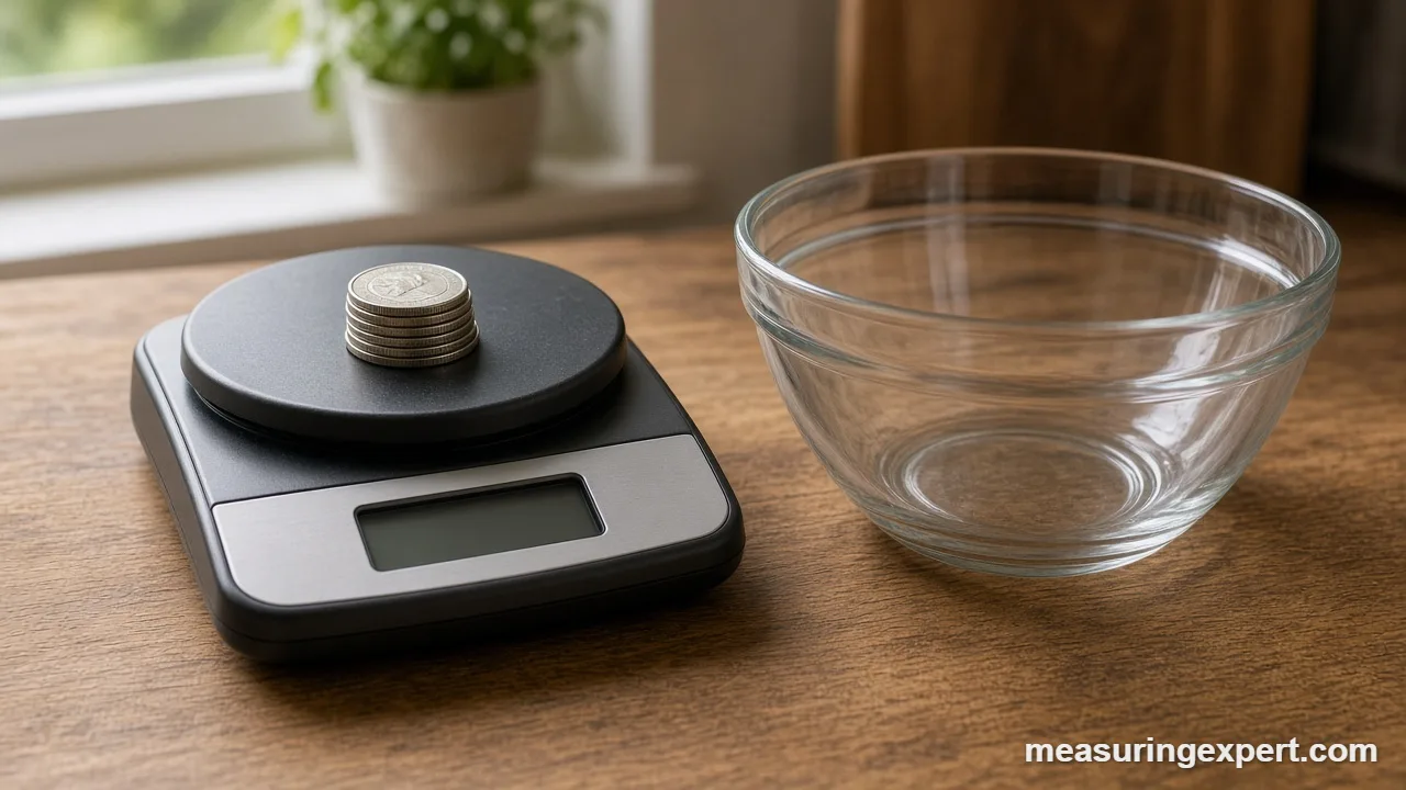 Kitchen scale accuracy tools: scale, coins and bowl for a calibration check
