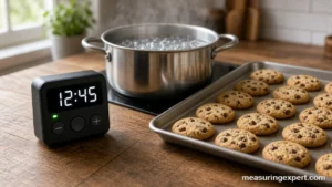 Kitchen timer on a counter next to cookies and a pot for timing cooking
