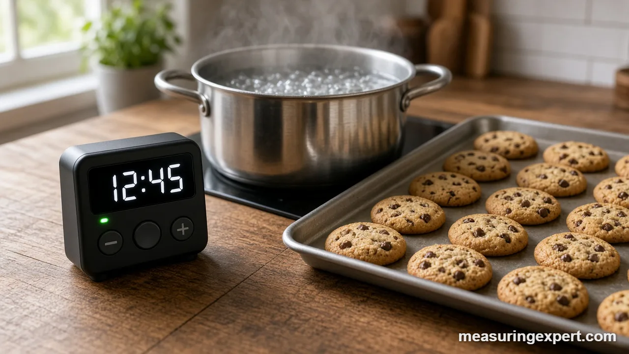 Kitchen timer on a counter next to cookies and a pot for timing cooking