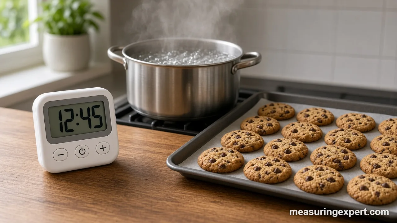 Kitchen timer beside a pot on the stovetop while pasta cooks