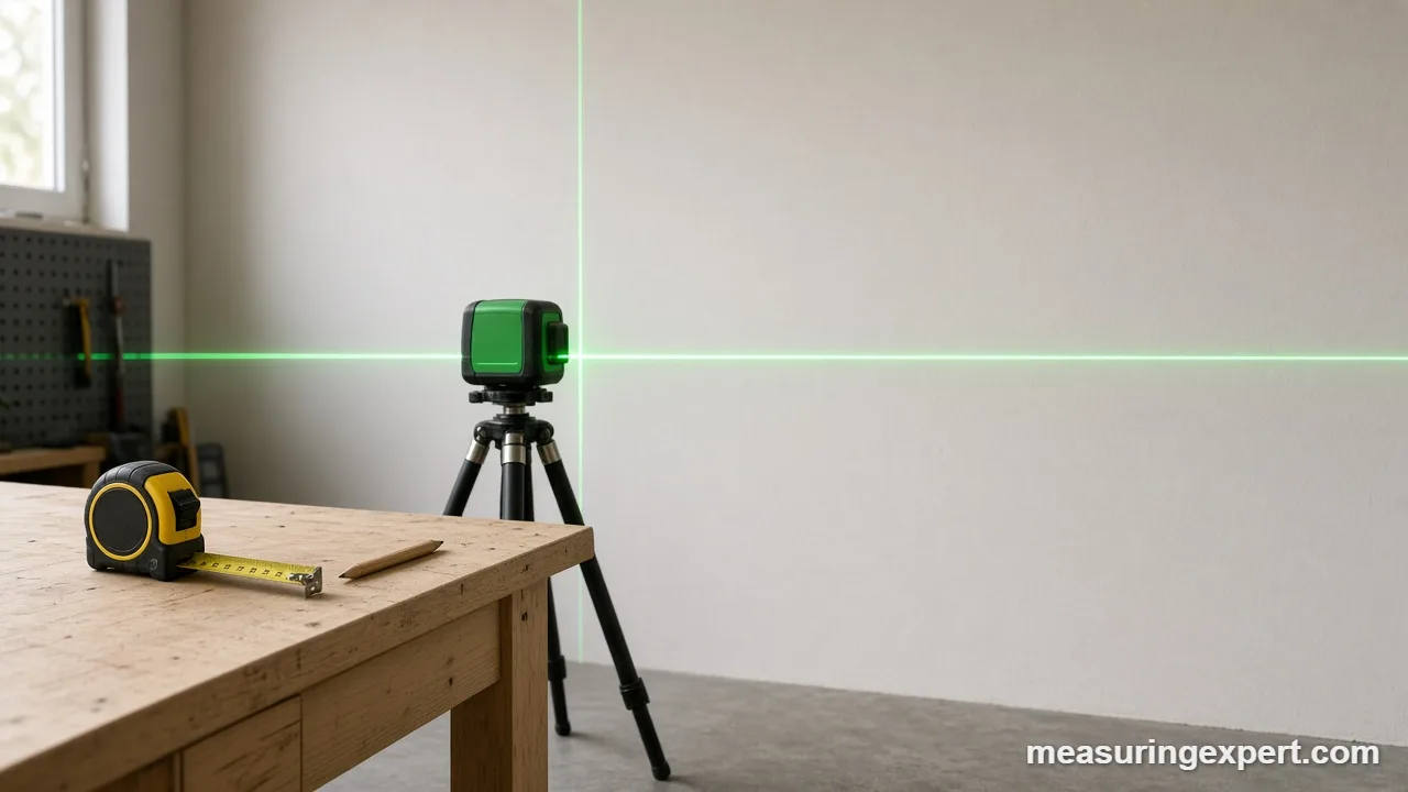 Tape measure and pencil used to find laser level angles from rise and run