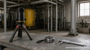 Laser scanning vs traditional measurement: a scanner on a tripod in a plant room