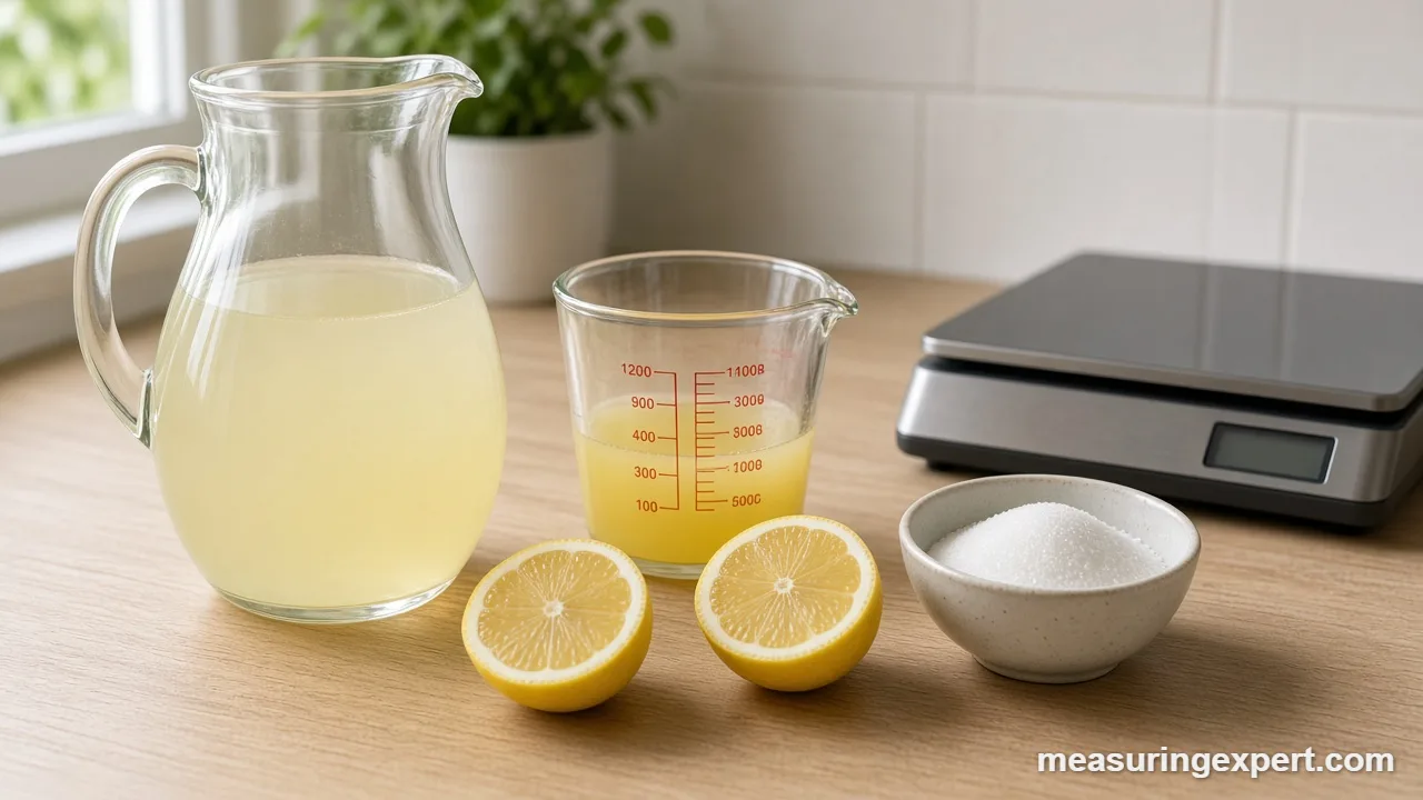 Measure lemonade ingredients with a pitcher, measuring cup, lemons and kitchen scale