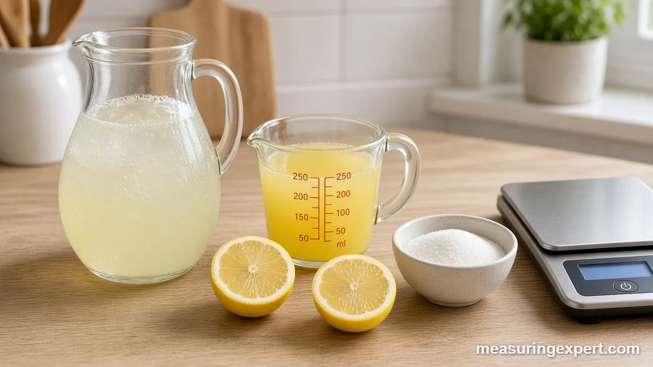 Fresh lemons and a measuring cup of juice used to measure lemonade ingredients