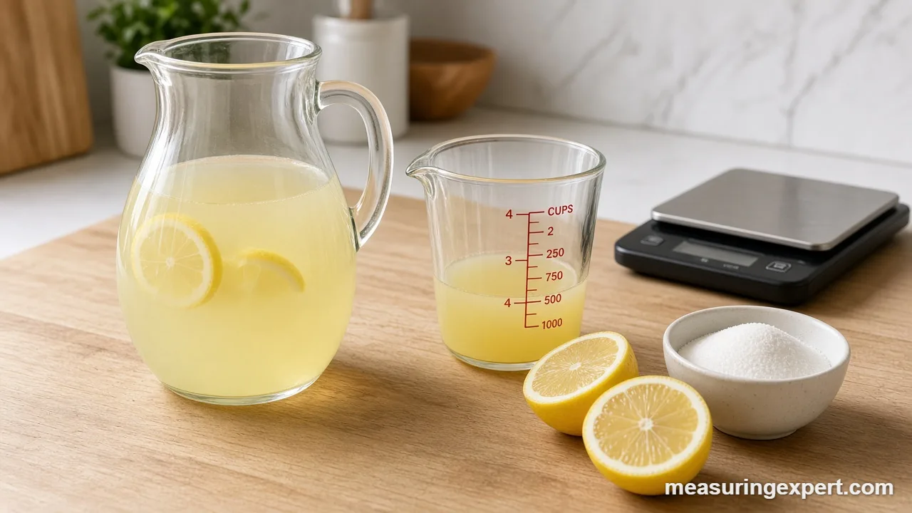 Sugar on a digital scale next to a lemonade pitcher to measure lemonade ingredients