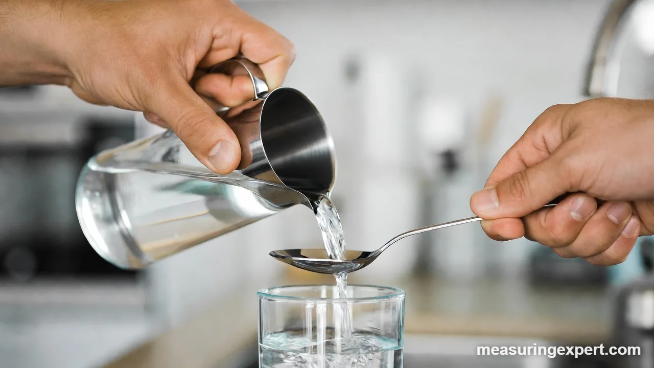 Pouring water into a measuring tablespoon to measure 30 ml at home