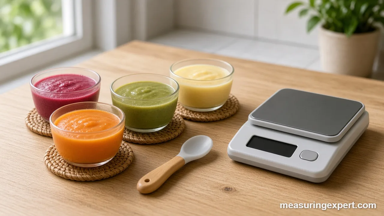 Measure baby food purees in small bowls on a kitchen scale