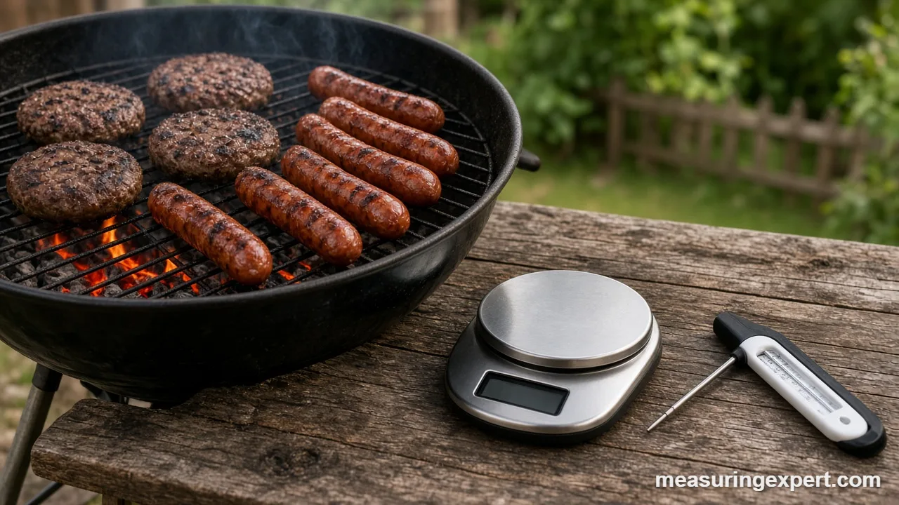 Grill, scale and thermometer used to measure summer BBQ ingredients