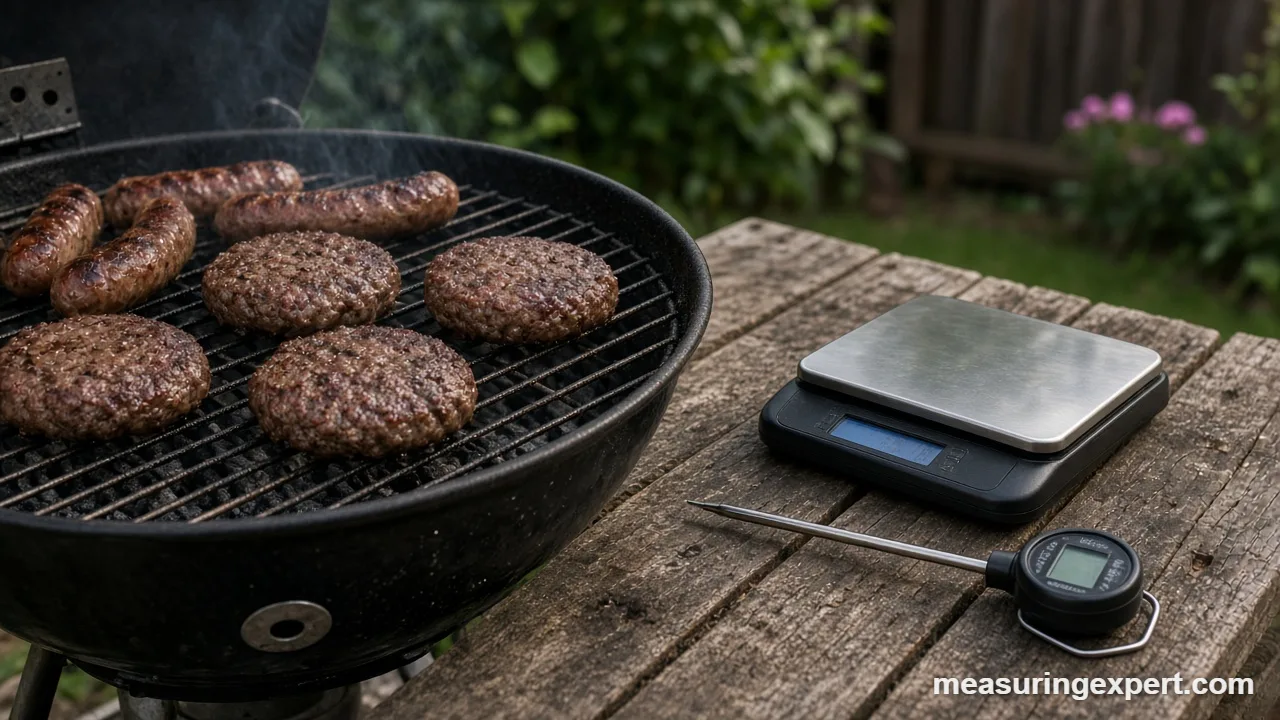 Meat thermometer on a grill, a key tool to measure summer BBQ ingredients