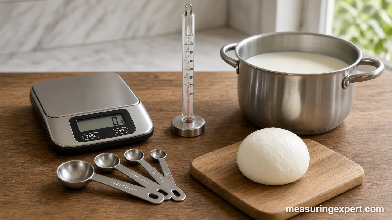 Kitchen tools laid out to measure cheese ingredients: scale, spoons, thermometer and milk