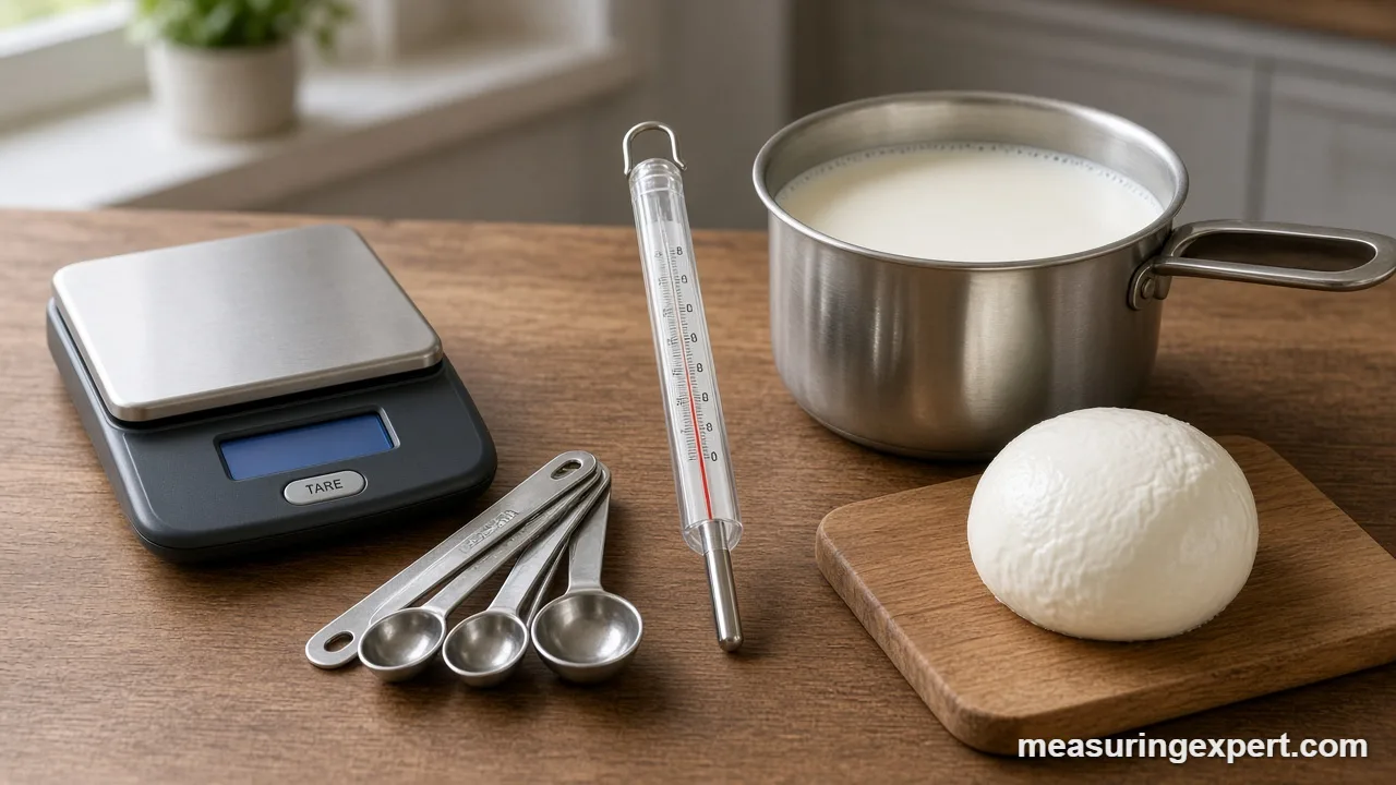 Measuring spoons and a scale used to measure cheese ingredients per gallon of milk