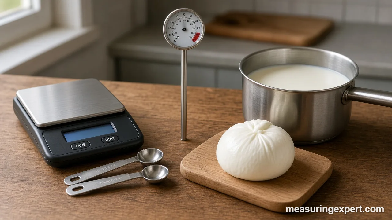 Fresh mozzarella and a thermometer ready after you measure cheese ingredients