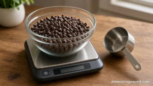 Digital scale and bowl used to measure chocolate chips