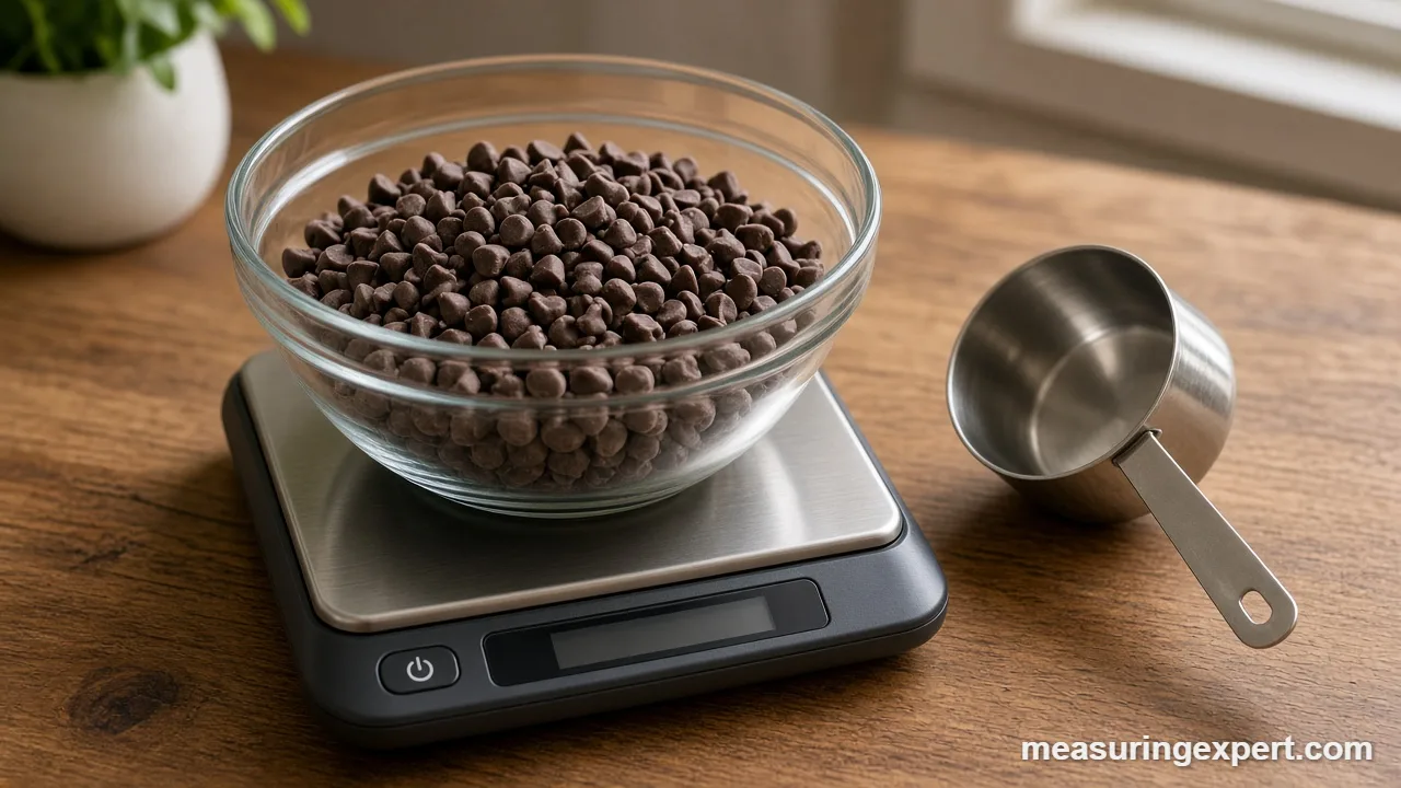 Digital scale and bowl used to measure chocolate chips