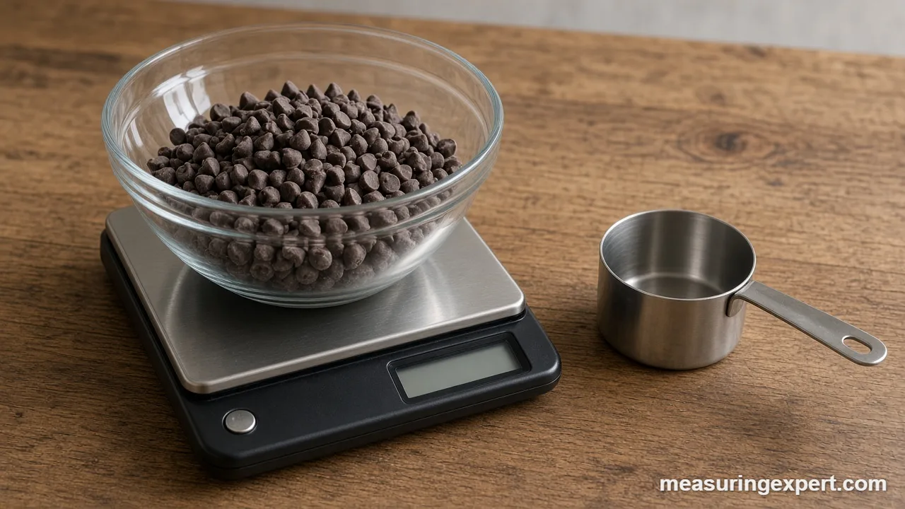 A dry measuring cup filled with chocolate chips to measure chocolate chips by volume