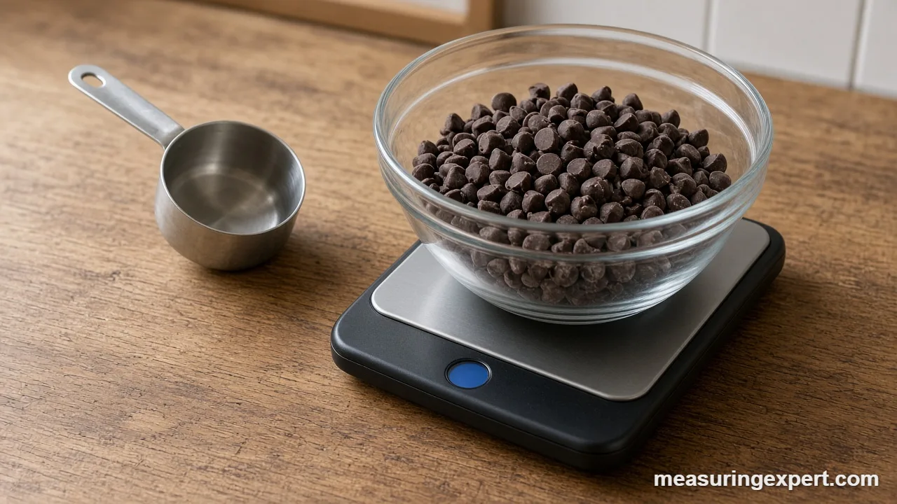 Chocolate chips of different sizes ready to measure chocolate chips for baking