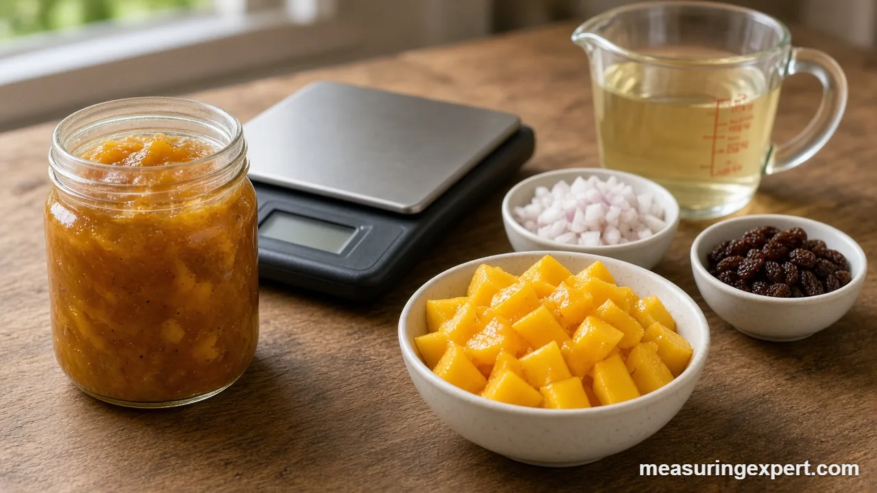 Measure chutney ingredients with a digital scale, mango and vinegar