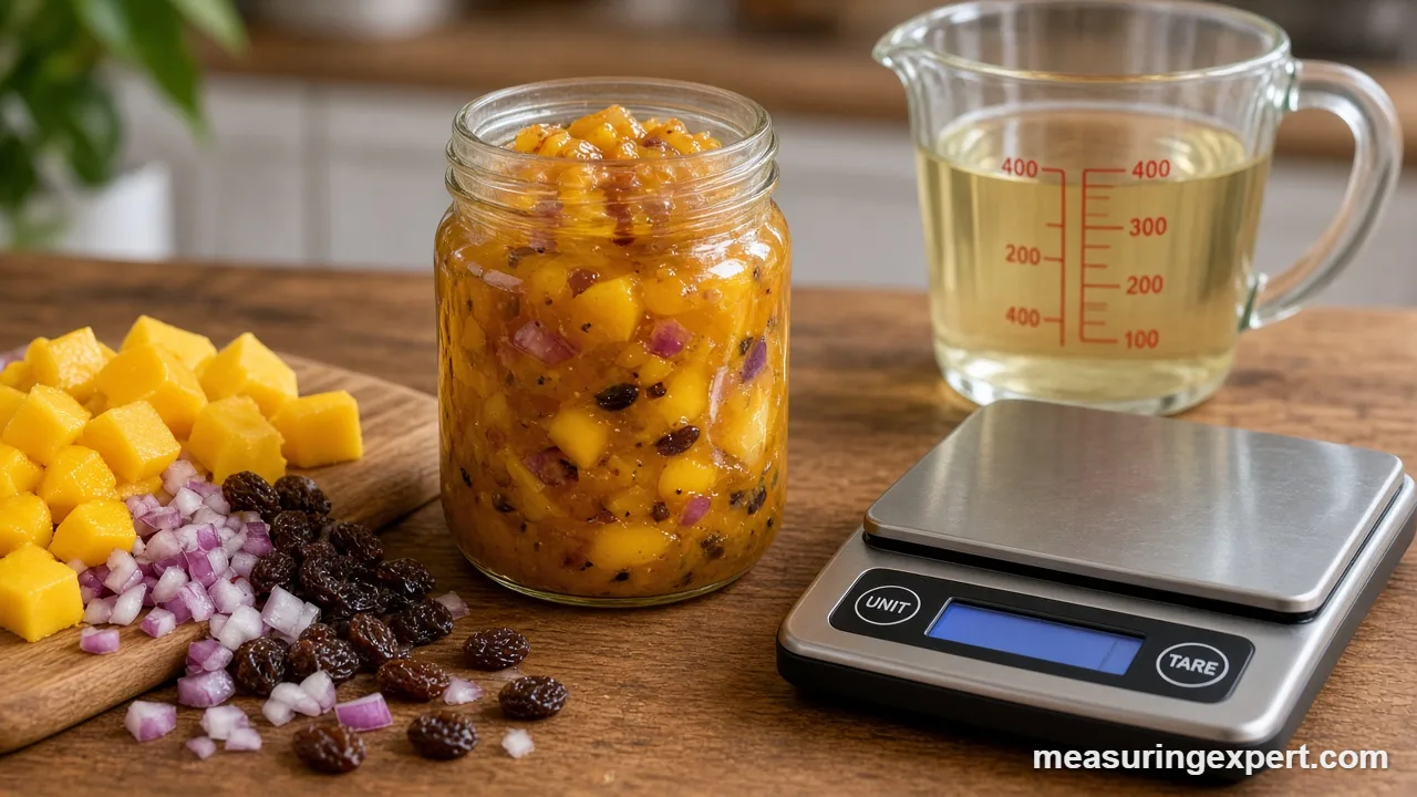 Measure chutney ingredients: chopped mango and onion on a kitchen scale