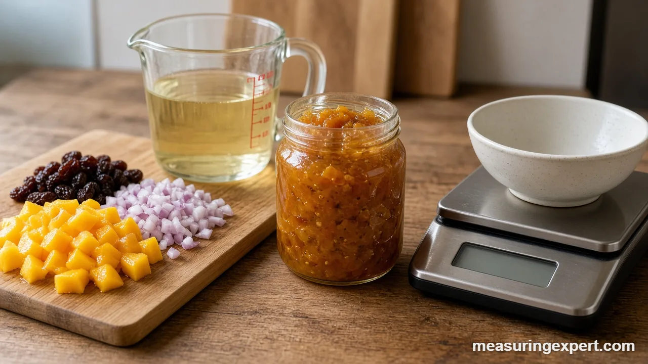 Measure chutney ingredients: sugar and vinegar ready for the pot