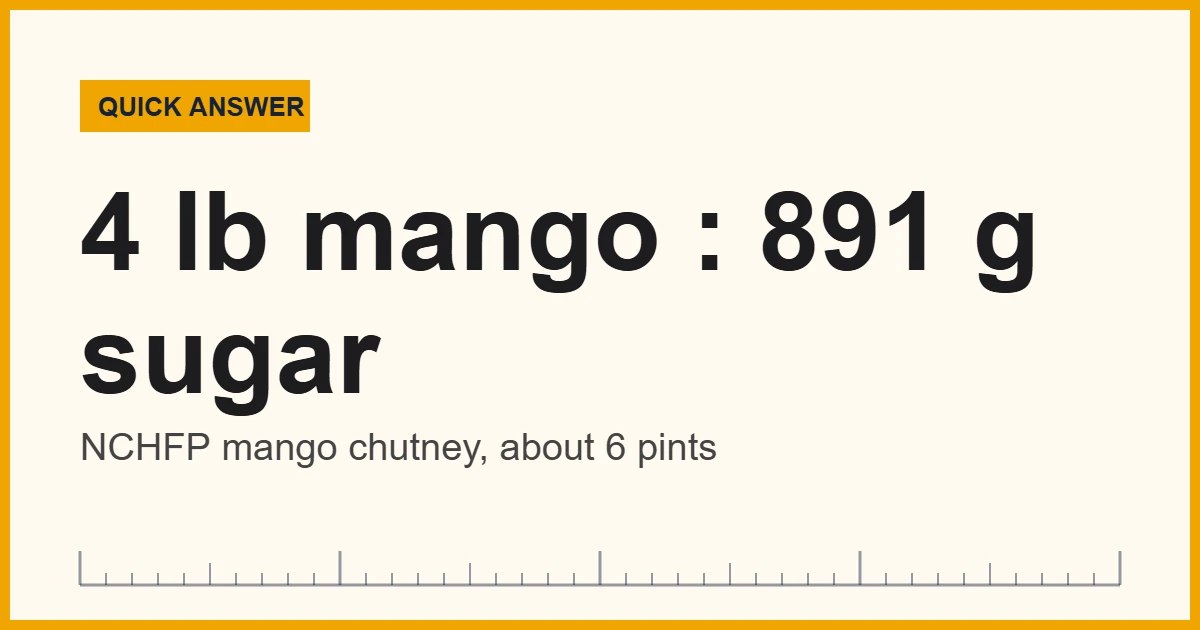 Measure chutney ingredients: 4 lb mango, 891 g sugar, 3 cups vinegar