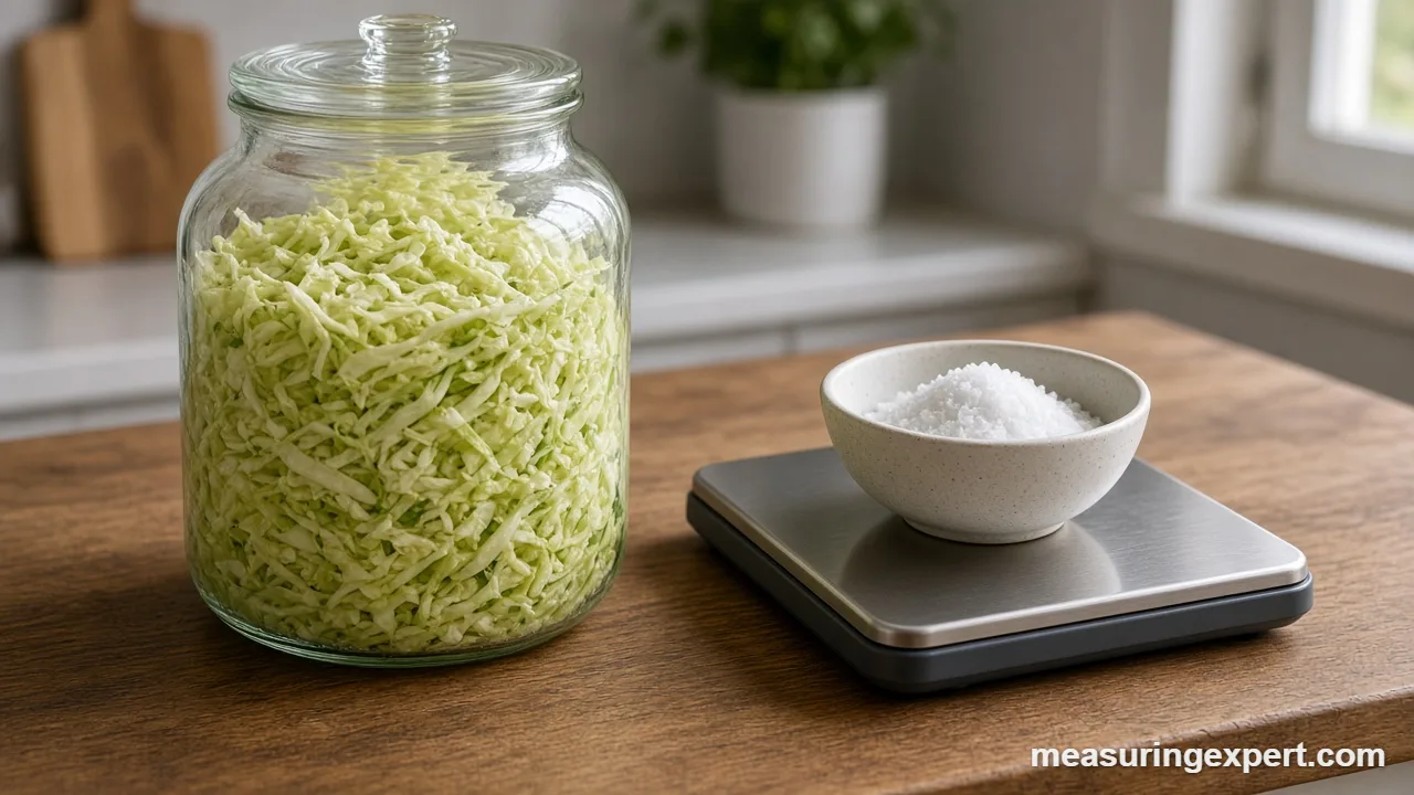 Salt weighed on a digital scale to measure ingredients for fermentation