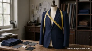 How to measure for a suit: suit jacket on a tailor mannequin with a tape measure