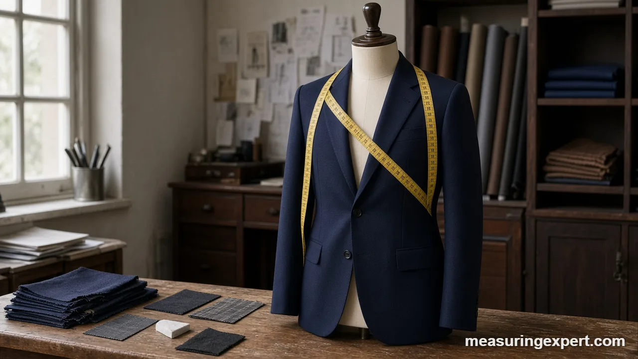 How to measure for a suit: suit jacket on a tailor mannequin with a tape measure