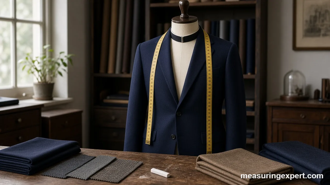 Tape measure across a suit jacket chest, a key step when you measure for a suit