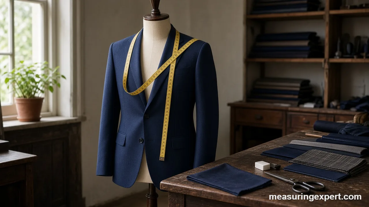 Suit jacket sleeve and tape measure on a tailor mannequin