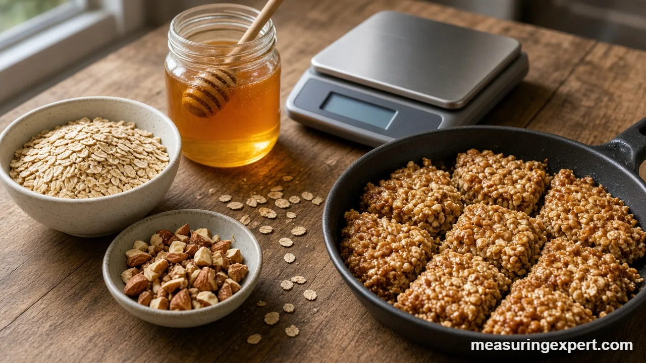 Oats, nuts and honey on a kitchen scale to measure granola bar ingredients