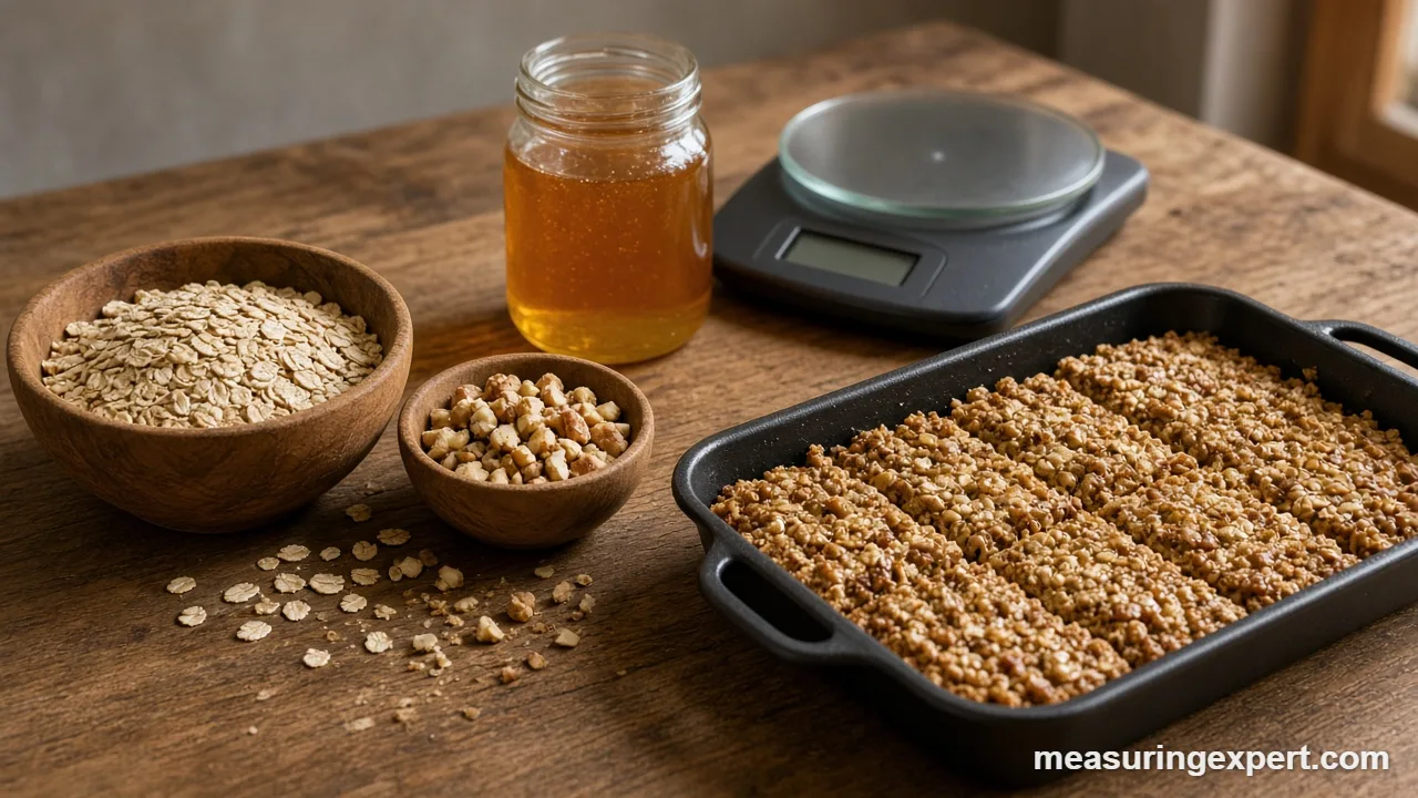 Homemade granola bars cut in a pan after you measure granola bar ingredients