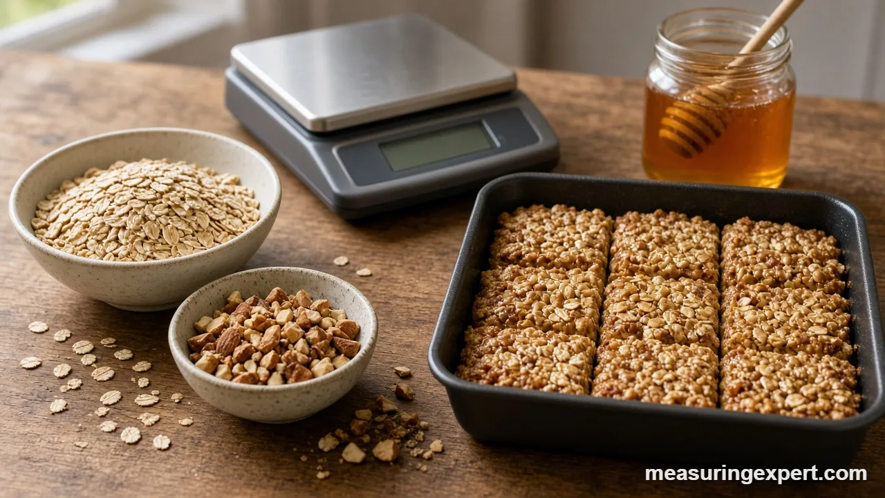 Digital scale weighing oats to measure granola bar ingredients