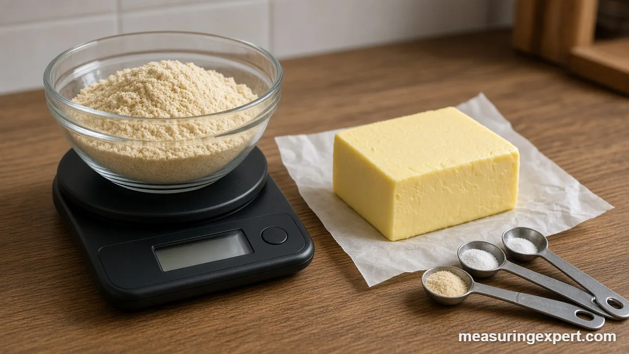 Measure ingredients for keto recipes with a digital kitchen scale and almond flour