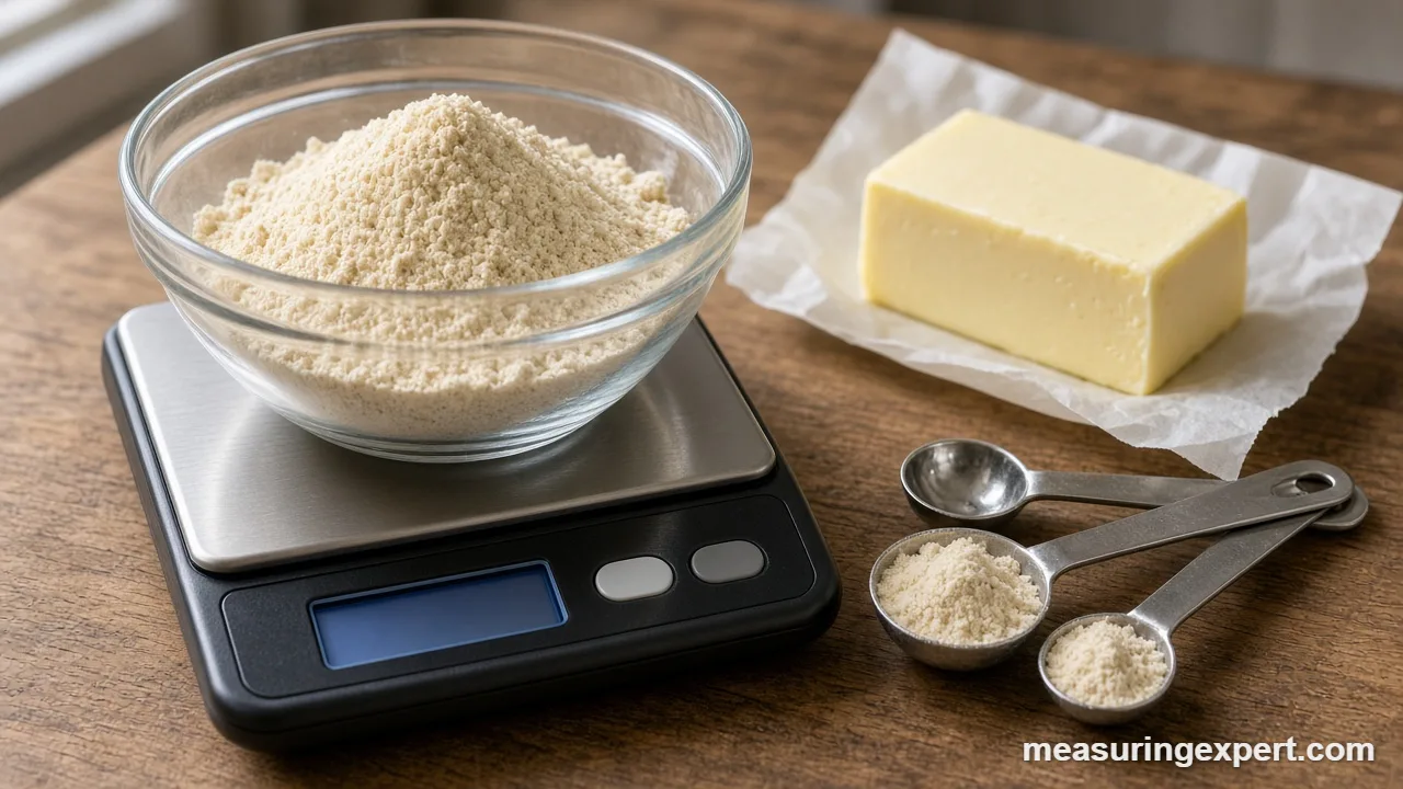 Almond flour weighed in a bowl on a kitchen scale to measure ingredients for keto