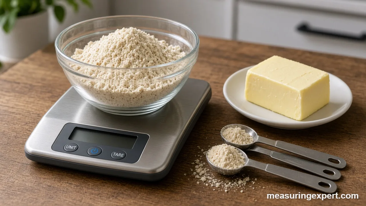 Butter and measuring spoons beside a scale used to measure ingredients for keto