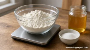 Measure ingredients on a digital kitchen scale with a bowl of flour