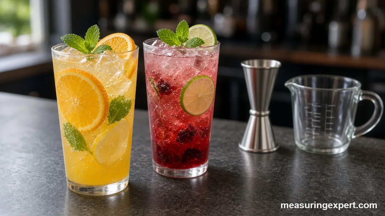 Colorful mocktails measured with a jigger on a bar counter