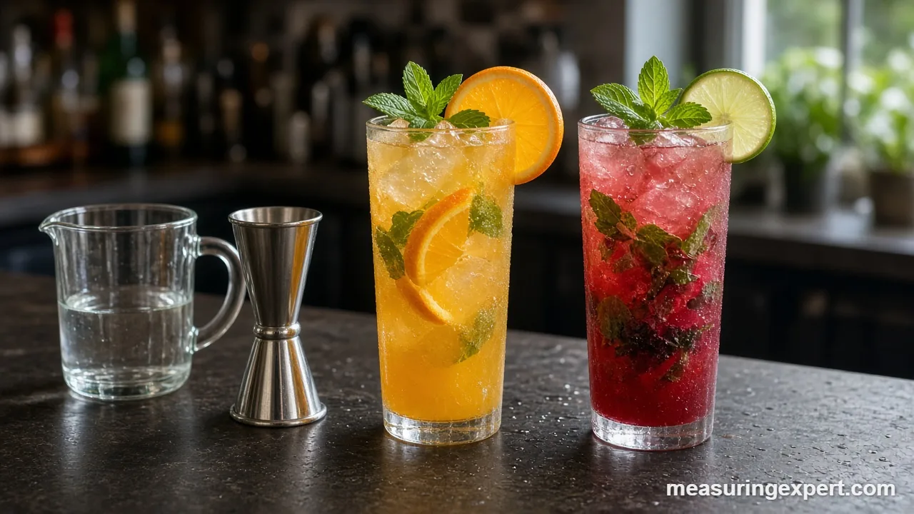 Glass measuring cup and jigger used to measure mocktail ingredients
