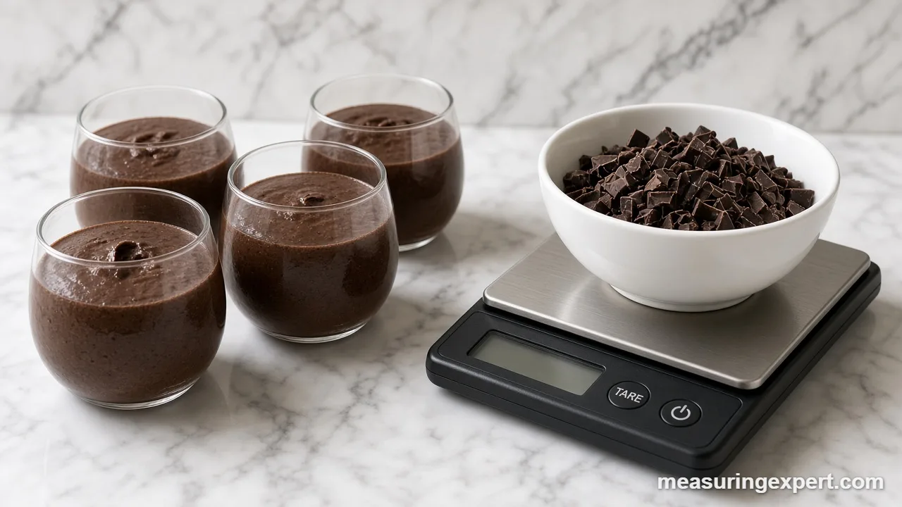 Chocolate mousse cups and kitchen scale to measure mousse ingredients