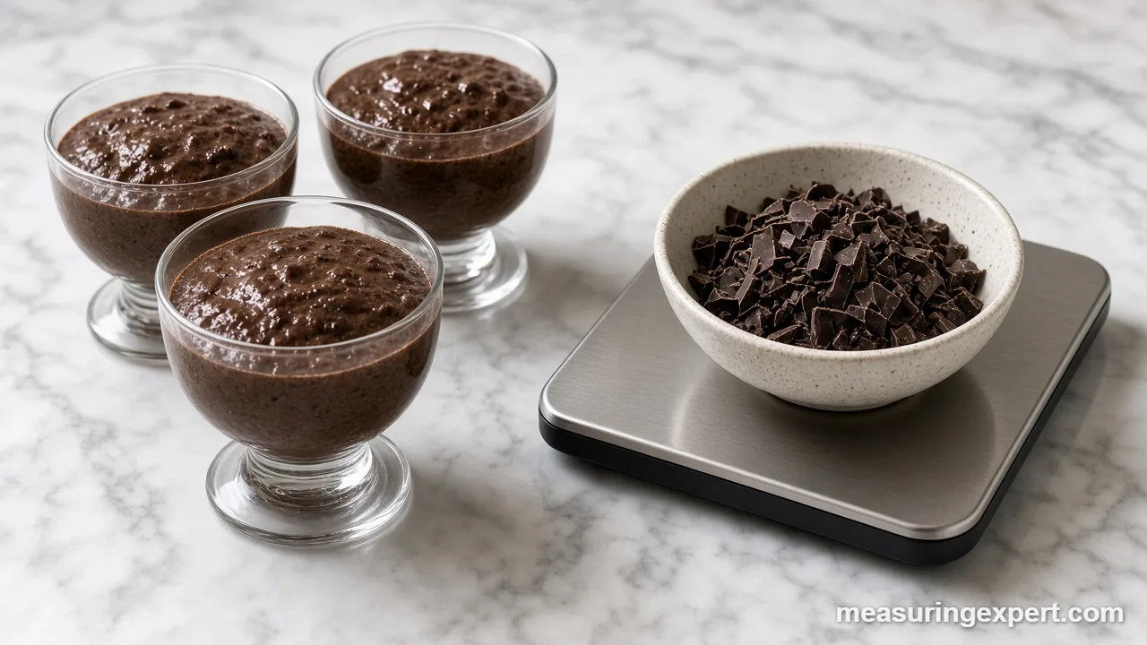 Chopped chocolate on a scale to measure mousse ingredients