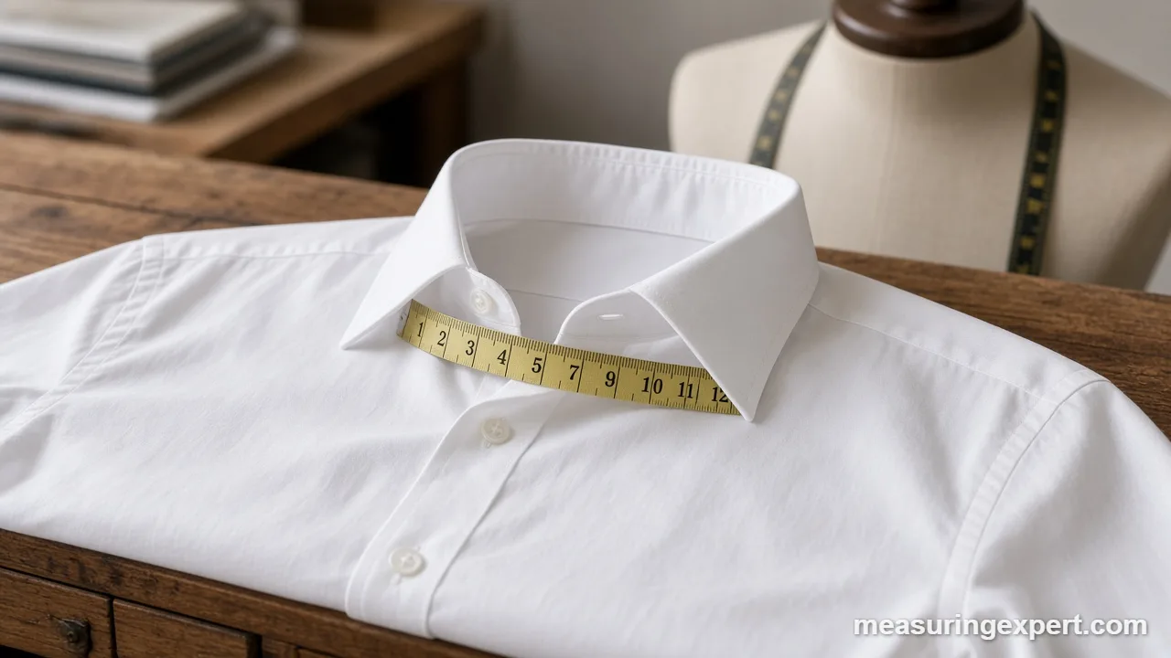 Measure neck size for a shirt: tape measure along a dress shirt collar