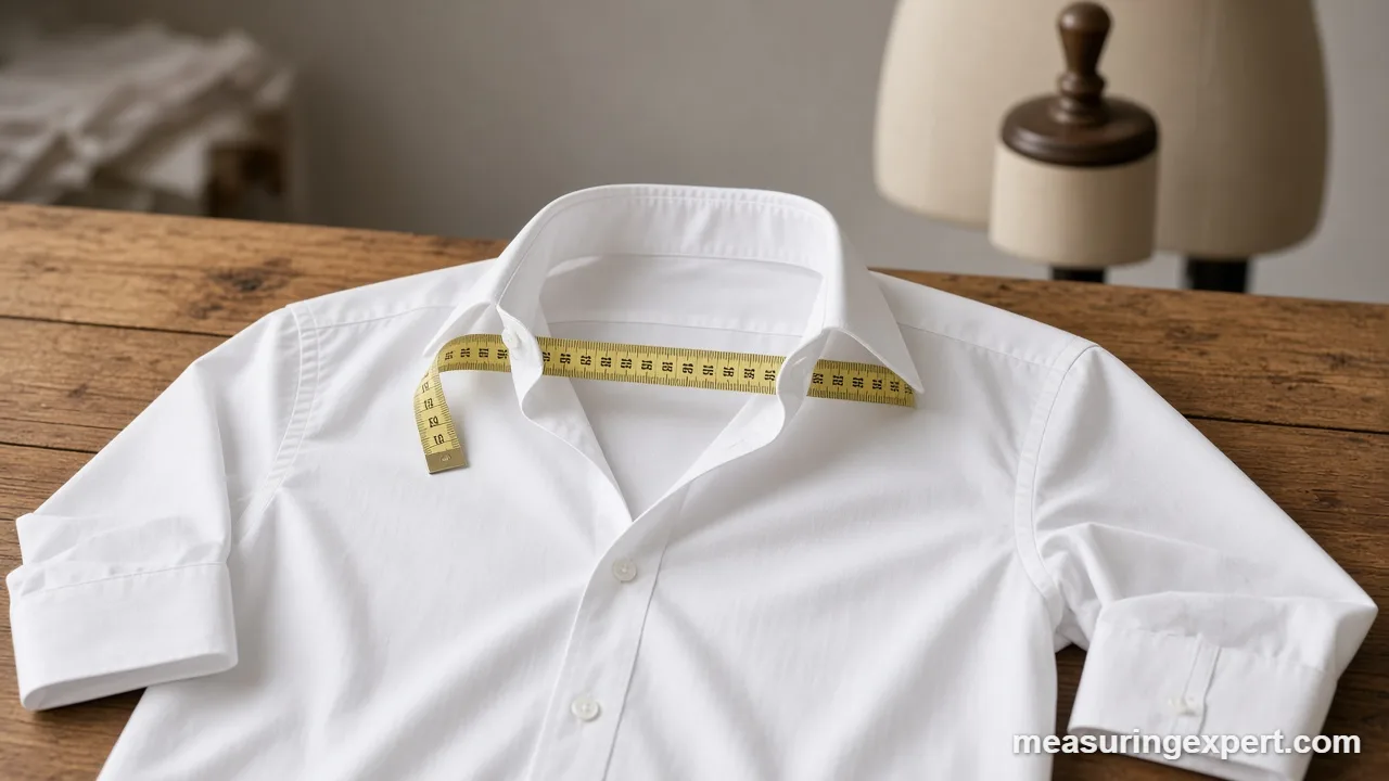 Dress shirt collar and tape measure next to a tailor mannequin