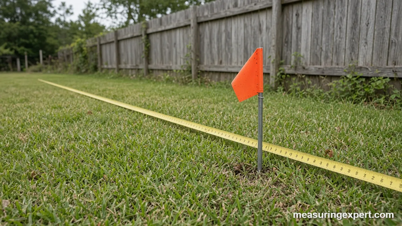 Measure property boundaries using a long tape between corner markers on a lawn