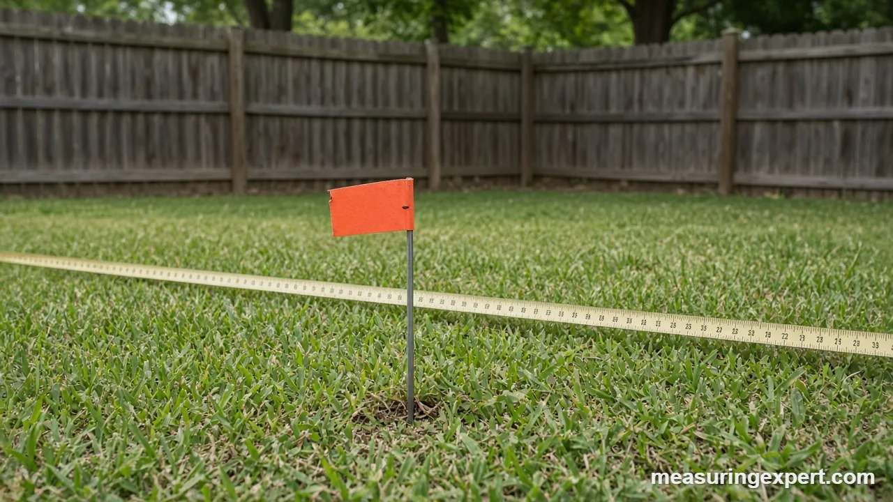 Tools to measure property boundaries: measuring wheel and tape on a grass lot