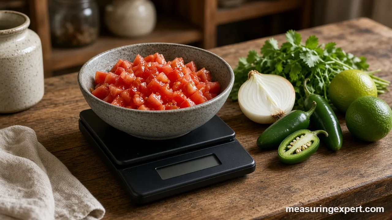 Measure ingredients for salsa on a digital scale with tomatoes, onion and limes