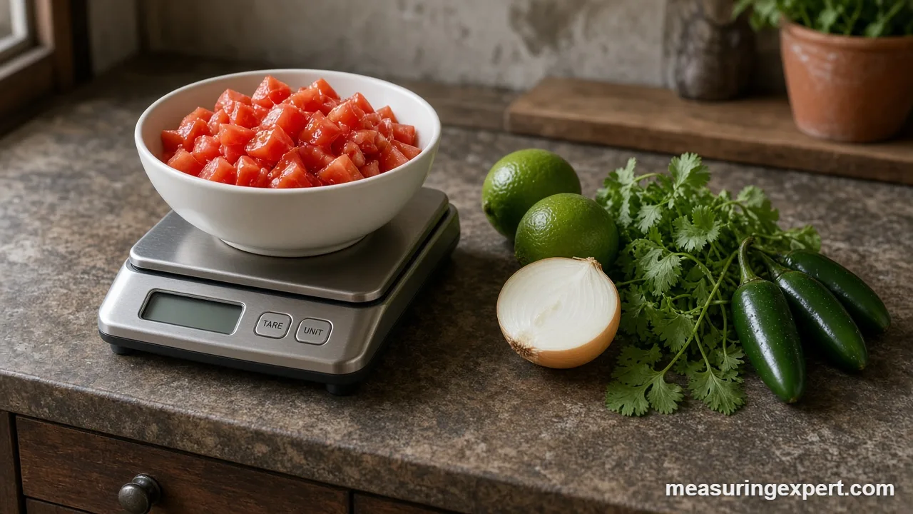 Chopped tomatoes in a bowl on a kitchen scale, one way to measure ingredients for salsa